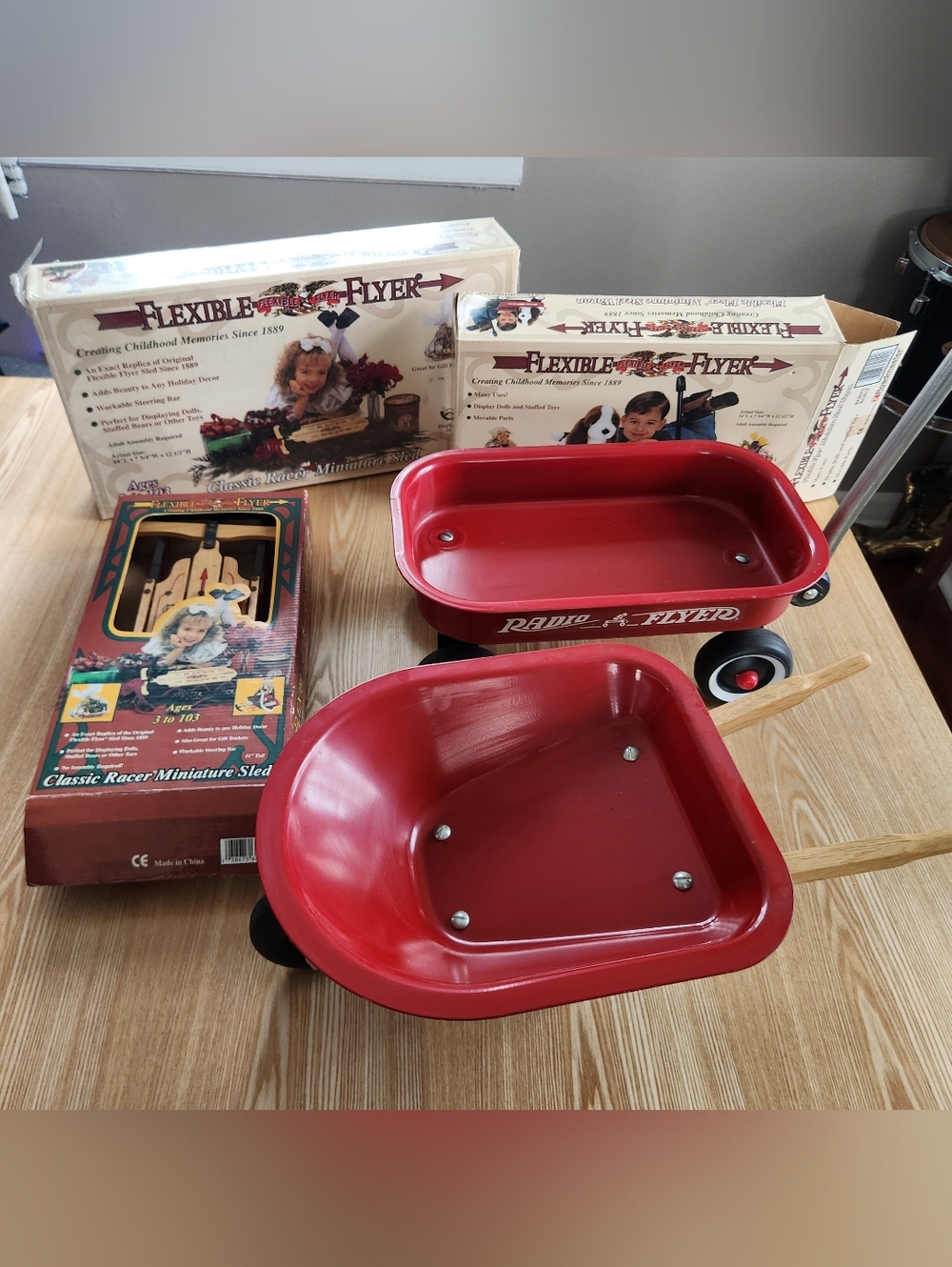 Lot Of 5 Vintage Radio Flyer And Flexible Flyer Toys-Sleds, Wagons, Wheelbarrow